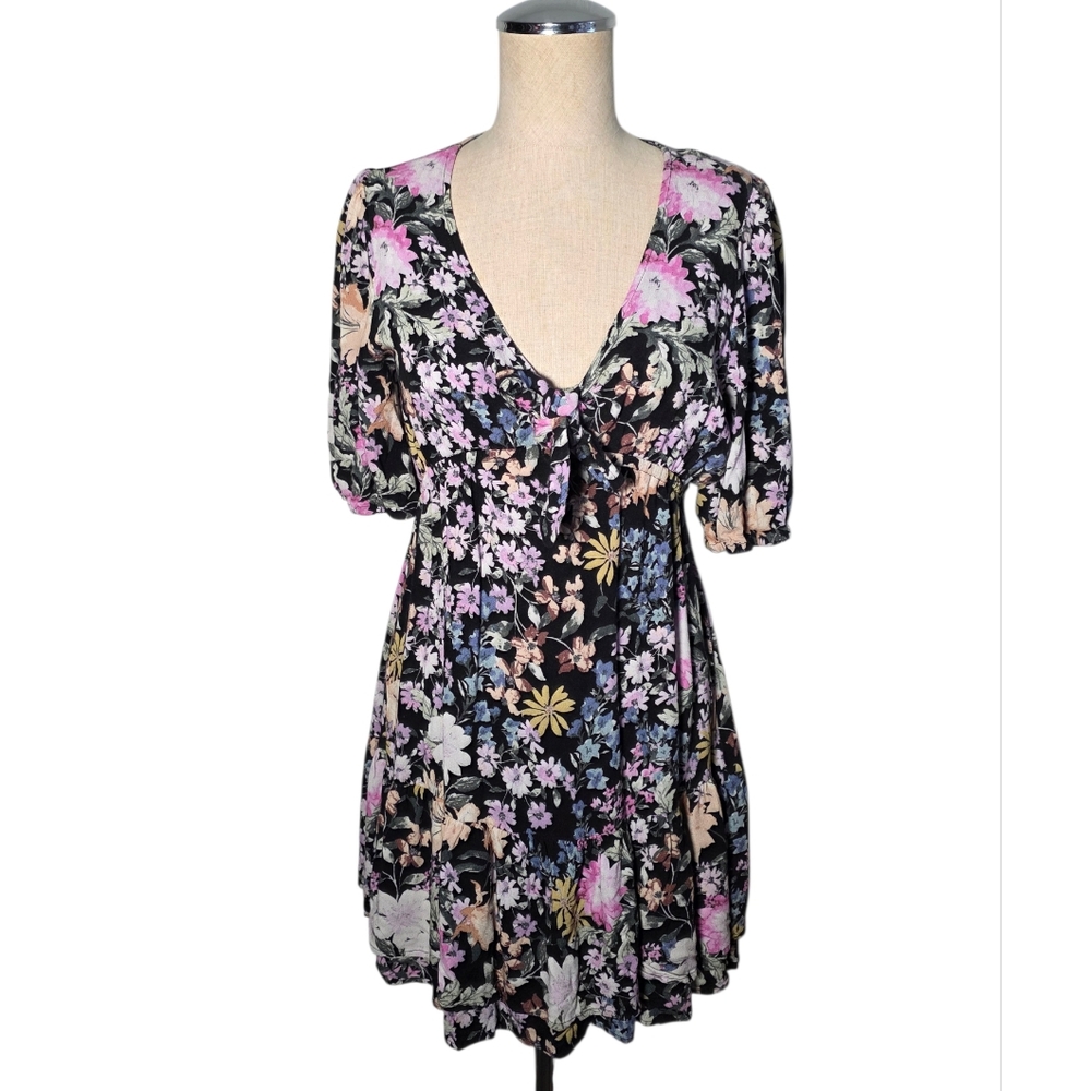 Saltwater Luxe Floral Mini Dress Small Black Pink Boho Tie Front Puff Sleeve - Picture 3 of 13